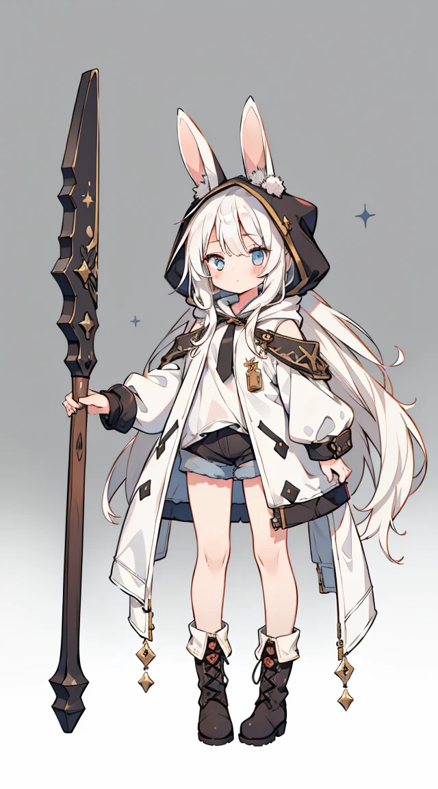 (masterpiece), Best quality, Fantasy art, 1 girl, a girl firing her long , white_hair, long hair, wicked, bunny ears, black hooded coat with bunny ears, boots, hood with bunny ears, Clear face, white T-shirt under coat, shorts, without bangs