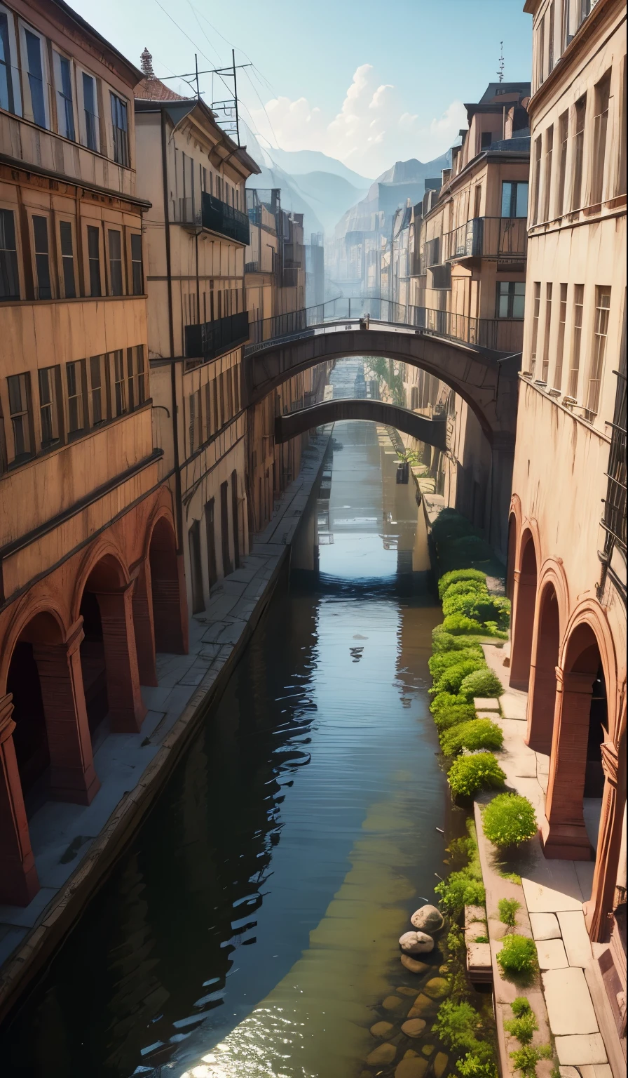((masterpiece)),((Highest quality)),((Attention to detail)),((Realistic,))
Industrial City, There is a deep canyon in the middle, Architecture Street, Bazaar, bridge, Wet day, steampunk, European architecture