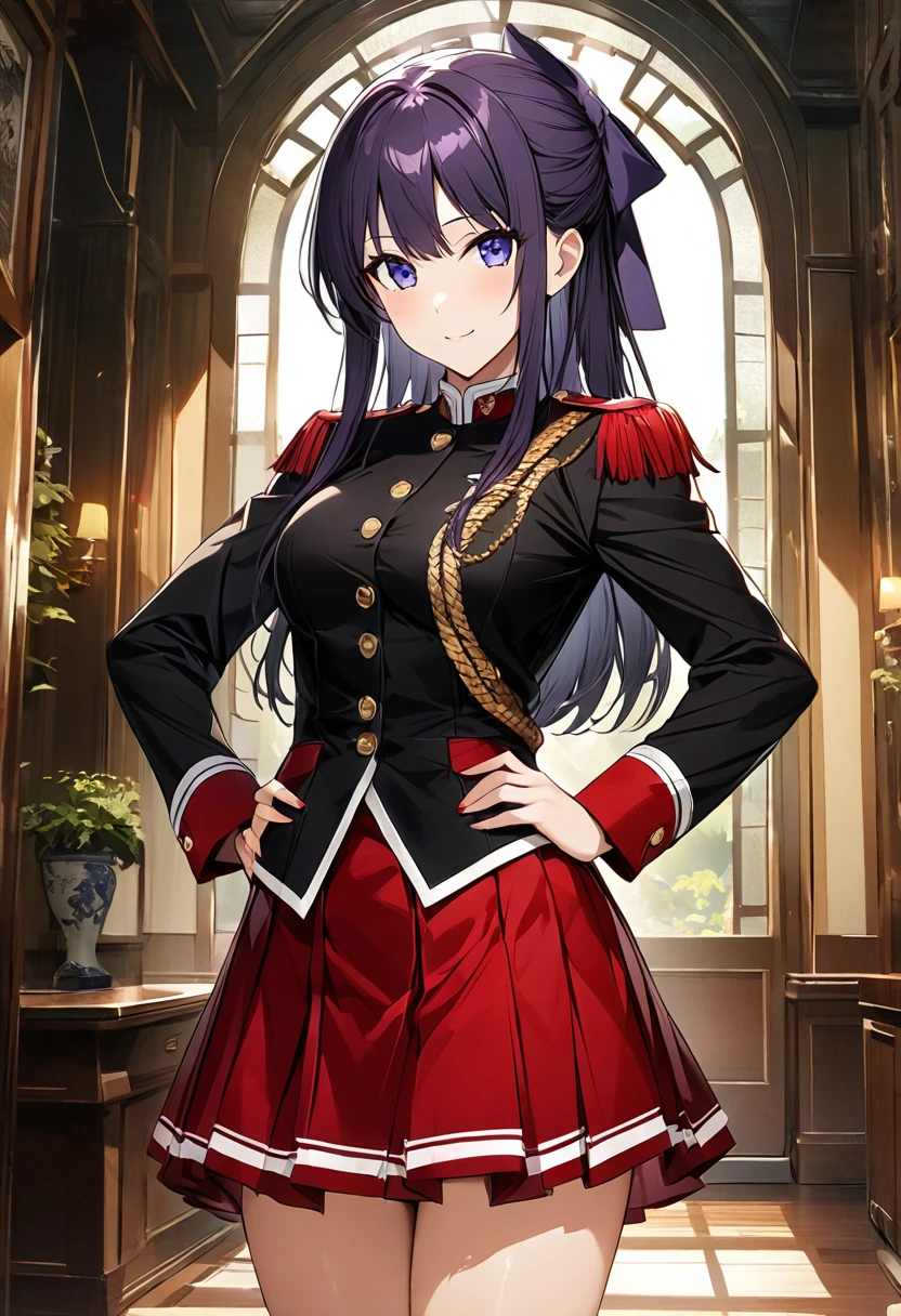 Highest quality、unity 8k wallpaper、32k、masterpiece、Very detailed、Ultra-high resolution、Very detailedな顔、RAW Photos、Professional、Ultra-fine painting、High-quality metal texture、High quality fabric、Ryuzoji Akane、Hands on hips、Purple hair ribbon、Black single button jacket uniform、Red pleated skirt、
