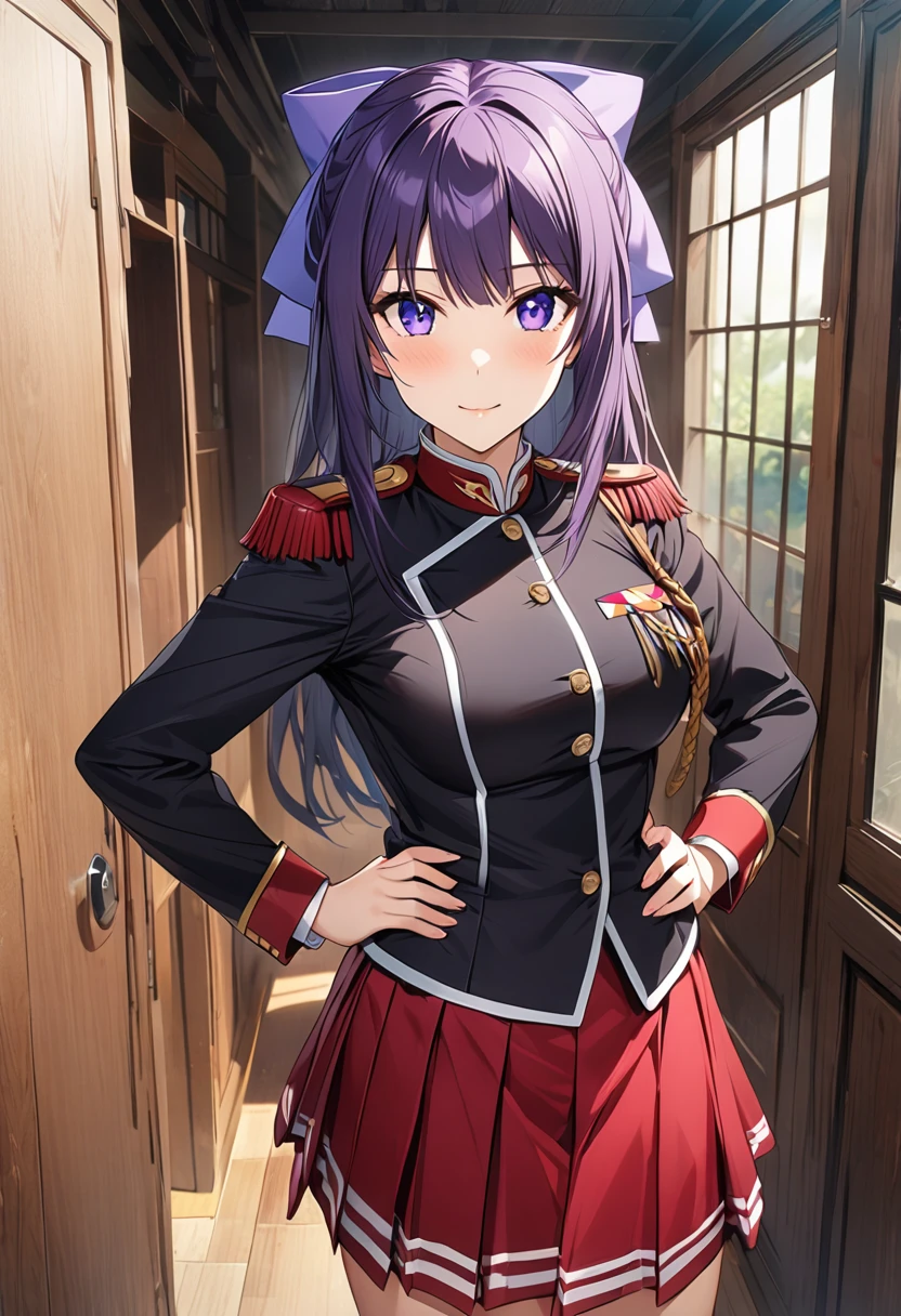 Highest quality、unity 8k wallpaper、32k、masterpiece、Very detailed、Ultra-high resolution、Very detailedな顔、RAW Photos、Professional、Ultra-fine painting、High-quality metal texture、High quality fabric、Ryuzoji Akane、Hands on hips、Purple hair ribbon、Black single button jacket uniform、Red pleated skirt、