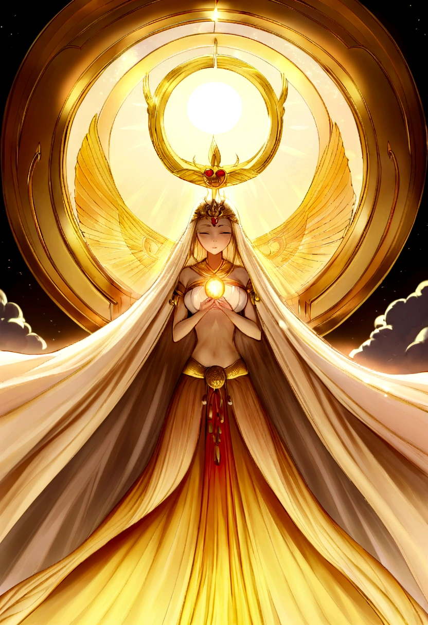 A radiant and majestic scene of Amaterasu-Ōmikami, the sun goddess from Japanese mythology, emerging from a sacred cave. She is bathed in a brilliant golden light, with flowing robes that shimmer like the sun's rays. Her presence illuminates the entire landscape, banishing the shadows and bringing warmth and life. The sky is a breathtaking display of dawn colors, with hues of gold, pink, and orange blending seamlessly. Surrounding her are sacred sakura trees in full bloom, their petals glistening in the divine light. The atmosphere is one of awe and reverence, evoking a sense of celestial power and renewal. --v 5
