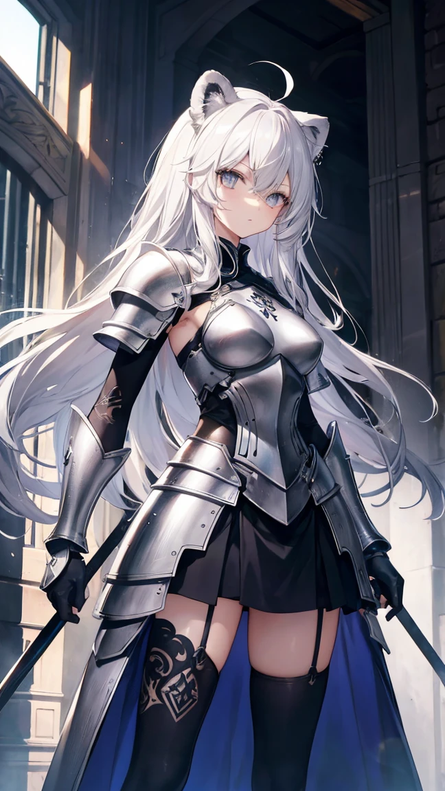 High resolution、Girl、Silver Hair、Long Hair,(),Lion ears、Grey Eyes、Slender、Toned body、knight,armor,Tattoo,
