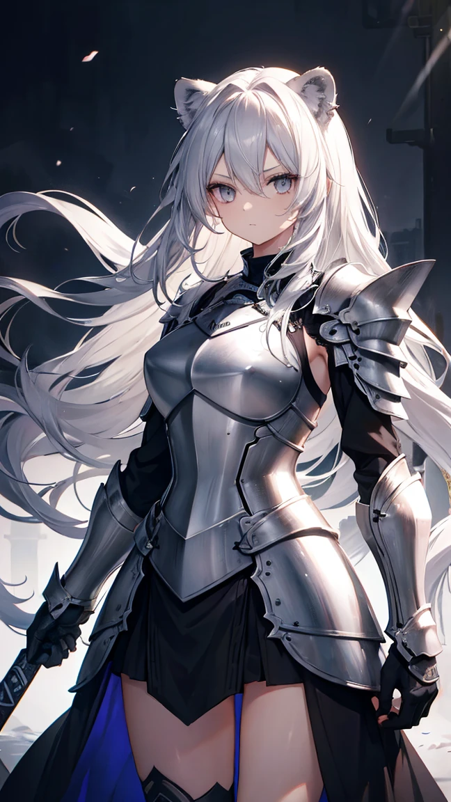 High resolution、Girl、Silver Hair、Long Hair,(),Lion ears、Grey Eyes、Slender、Toned body、knight,armor,Tattoo,