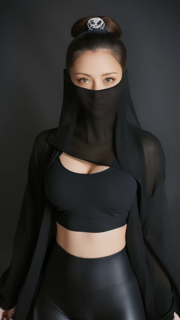 (lifelike, high - resolution:1.3),full body , 1 girl with a perfect body, Super fine face and eyes,long hair, ninja midriff of black colors:1.2, black shiny ninja leggings,face veil, big boob,Expose cleavage, ninja pose.