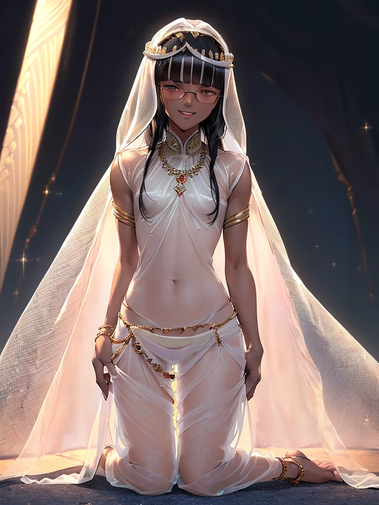 (1 feminine boy 20 years old solo:1.4),(flat chest),(dark skin:1.5), (masterpiece:1.2), highest quality, High resolution, unity 8k wallpaper, ( (perfect hands, perfect anatomy), 20 years old, (black hair:1.3), detailed eyes, best quality, extremely detailed, very precise detailed, (glasses:1.4), (blunt bangs:1.3), (open mouth:1.2), (middle hair:1.5), (evil smile:1.4), , (half closed eyes:1.3) ,long sidelocks, (blush:1.3),(kneeling:1.3),(Put left knee in front:1.5),(arabian clothes:1.5),,(See-through harem pants:1.6),(See-through white veil:1.3),
