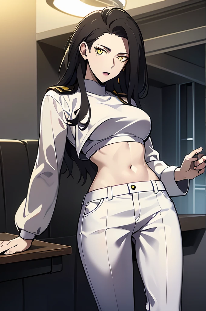 black hair,yellow eyes,(high quality eyes),masterpiece, best quality, high quality, highres, outdoors, looking at viewer, white shirt, crop top, midriff, navel, white pants, Jenny, tall female,