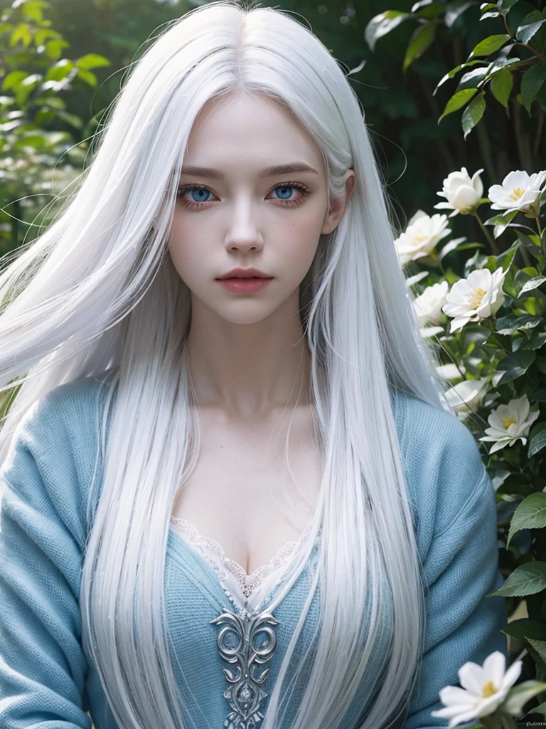 Long white hair, blue eyes, serious features, white skin, loose style, in a garden, with flowers , in the forest , killer frost the flash