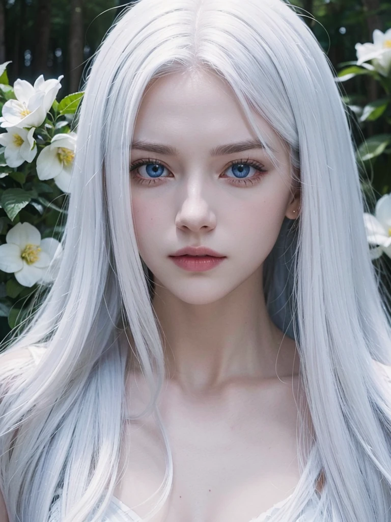 Long white hair, blue eyes, serious features, white skin, loose style, in a garden, with flowers , in the forest , killer frost the flash