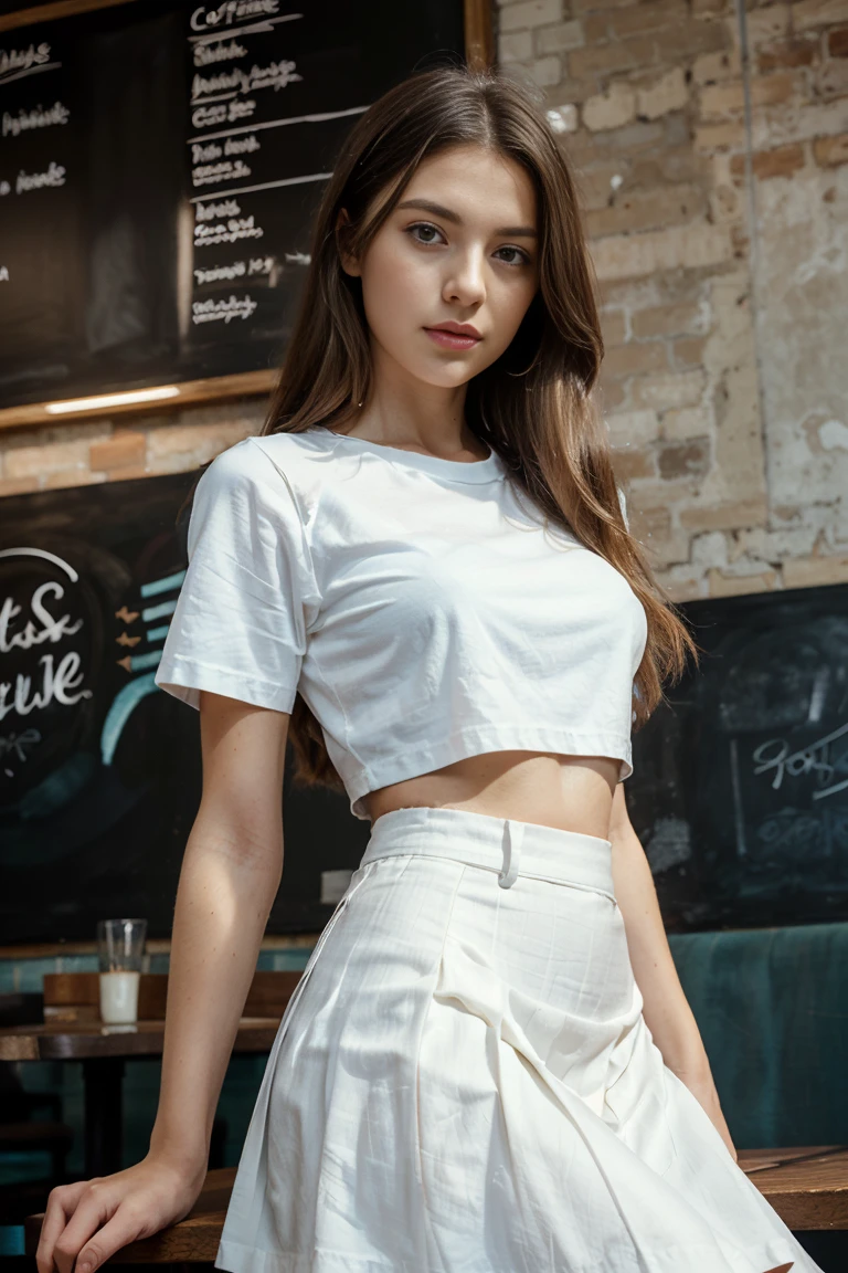(Extremely detailed CG:1.2), (Masterpiece:1.2), (The best quality:1.2),,((absurdities)),looking at the viewer,whole body, ,(1girl),only,(long hair),,(white short sleeve shirt),(MARINA_blue pleated skirt),(long skirt),Dynamic Angle,Standing,dynamic pose,((Delicate facial features)),(blue eyes) in a coffee shop sitting drinking coffeee