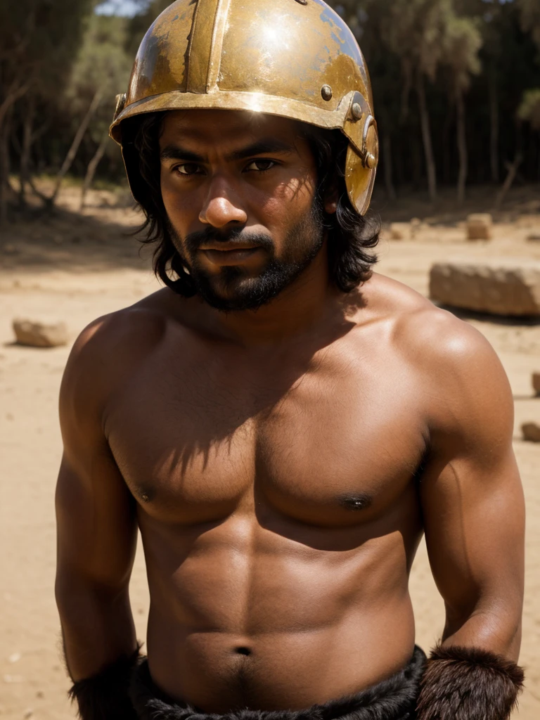 A brown man, an ancient Numidian warrior, wearing a helmet and having an injured cheek