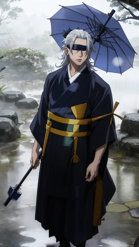 Menerjemahkan teks dengan kamera
a handsome and sexy male character with blue eyes, curly white hair, a black cloth as a blindfold, named "GOJO SATORU" wearing a kimono, pitch black, standing in the falling rainwater while holding an umbrella, with the effect of . 8k realistic HDR and a collection of bright blue butterflies.