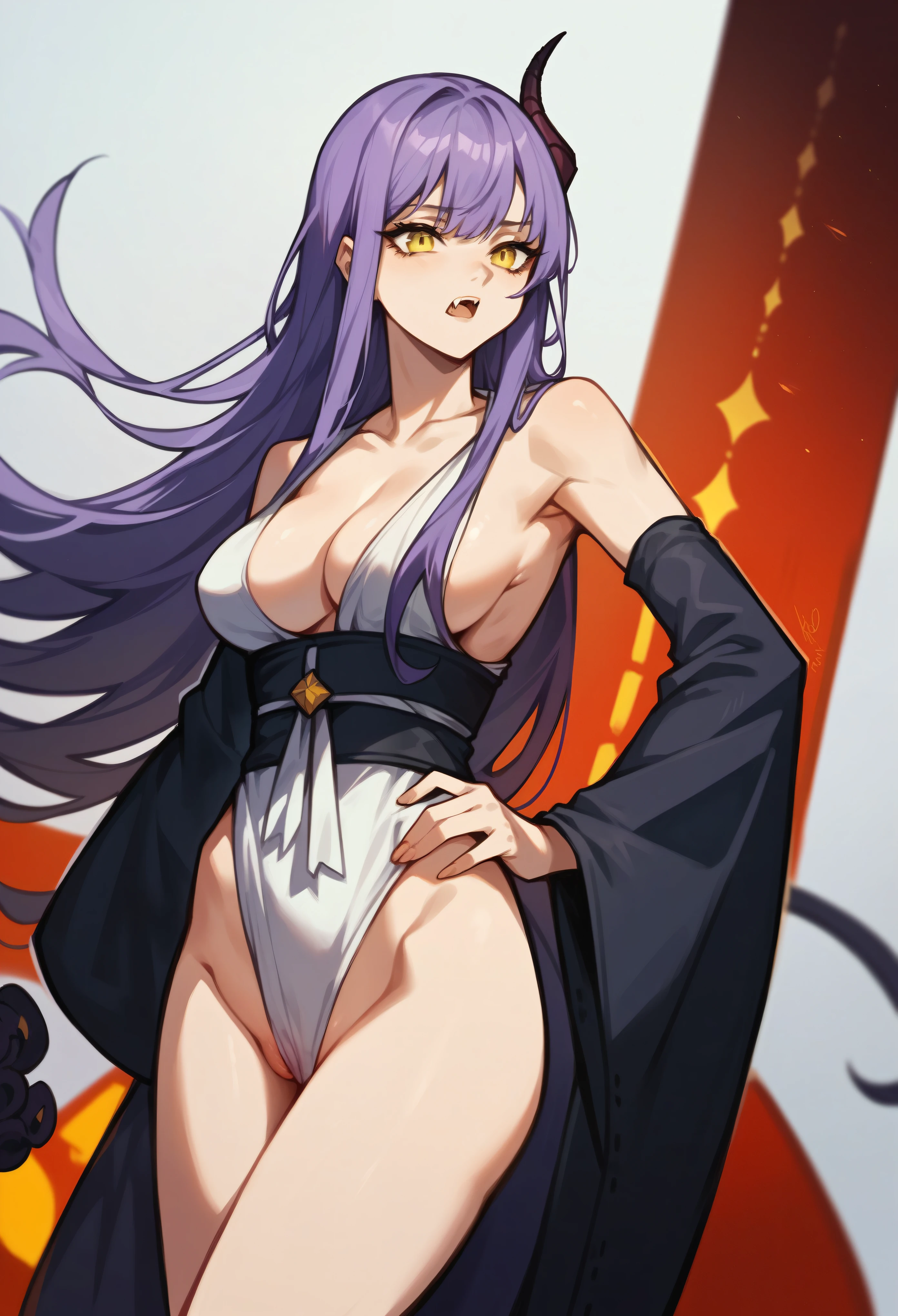 (masterpiece, Highest quality), Purple Hair, Yellow Eyes, Long Hair, Single Horn,One girl, Purple Hair, Yellow Eyes, Long Hair, Single Horn, Bloodfang,Big Breasts,naked,show off pussy,Spreading pussy,