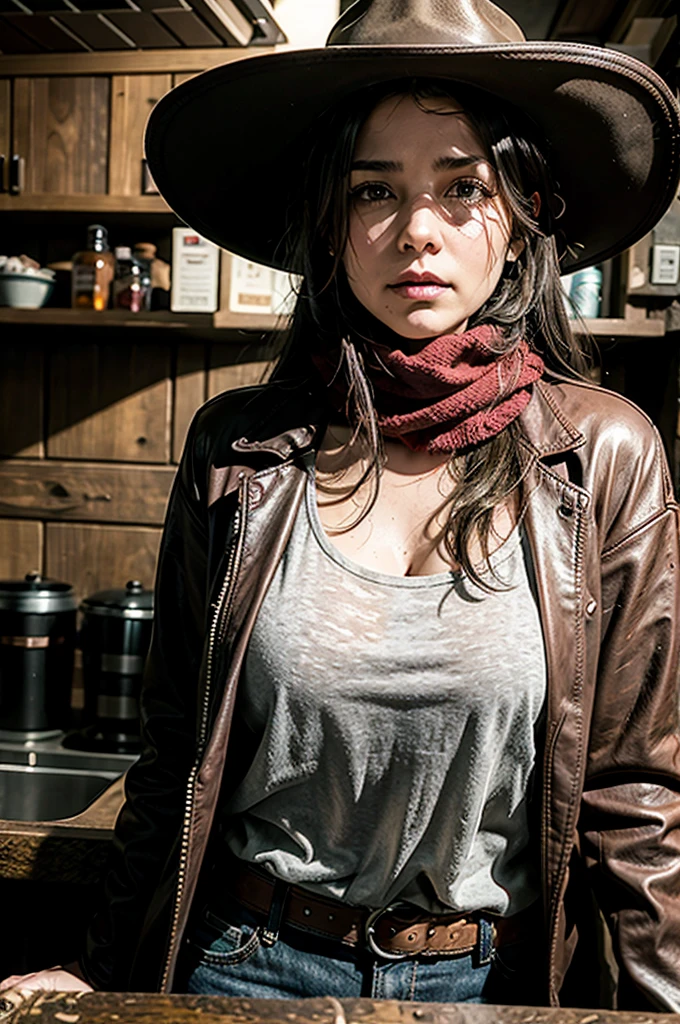 45 year old woman; dirty; hands resting on the counter; SIMPLE SHIRT AND PANTS; dark leather jacket; cowboy hat; Braided hair; Red scarf around the neck; holster with revolver; confident stance; in a dingy old west bar; intense stare; Covered in blood on your clothes; RPG Old West 1890.