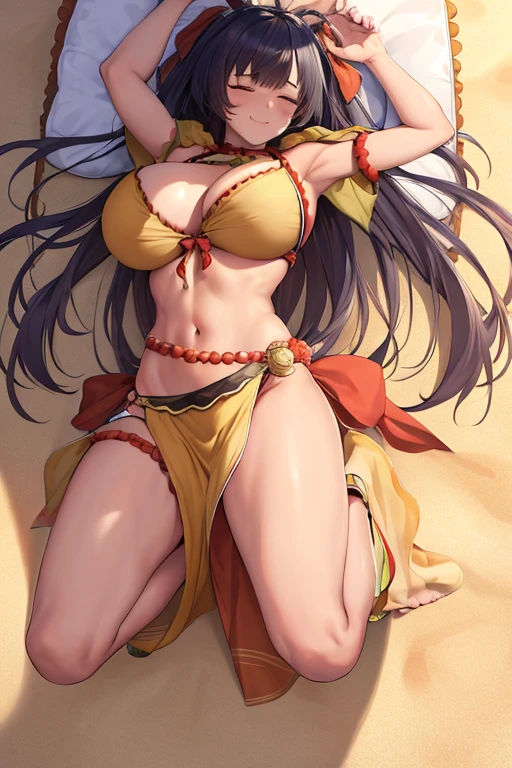masterpiece, best quality, beautiful art, high resolution, well formed hands, body and fingers, 1 woman, solo, Xiangling, grown up, arabian belly dancer, adult, large and round breasted, (perfect hands and fingers:1.5) cleavage, hair ribbon, full body, sexy and skimpy outfit , gorgeous legs and thighs,ryona,in peril, she is defeated, knocked out, passed out, closed eyes, exhausted, unconscious, laying down on the sand, extended exposed body, full body on the sand, breathing heavily, sexy smirk on her face, bouncing breasts, sexy defeated pose, defeat and KO scene, fallen beauty, martial arts tournament with beach environment