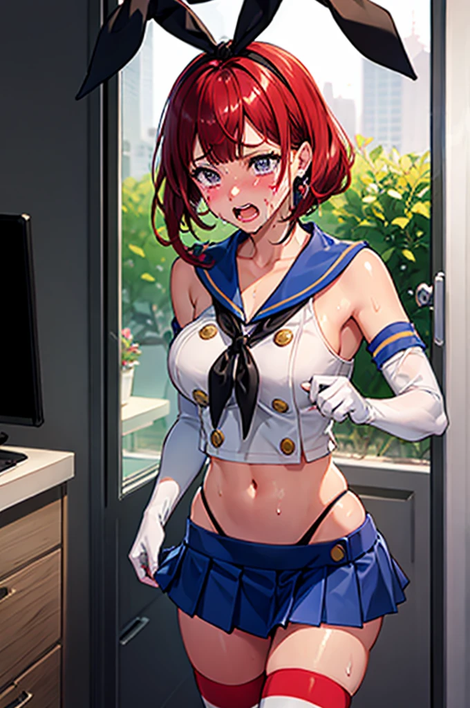 shimacos, crop top, thighhighs, elbow gloves, microskirt. For the panties you can use black panties, highleg panties, cameltoe,, ultra detailed, masterpiece, best quality, aesthetic, detailed,, solo,  Face full of scars、Skin shiny with sweat、 injured scared girl、 crying wet bursting out eyes, real tears streaming down face, ultra-detailed eyes,bandaid on face,covered with mud,expression of despair,Illumination that emphasizes shiny sweat{{{Spread }}},(crotch rope walking:1.0), red lips,
1girl, purple eyes, red hair, blunt bangs, medium breasts, low hair rings, 