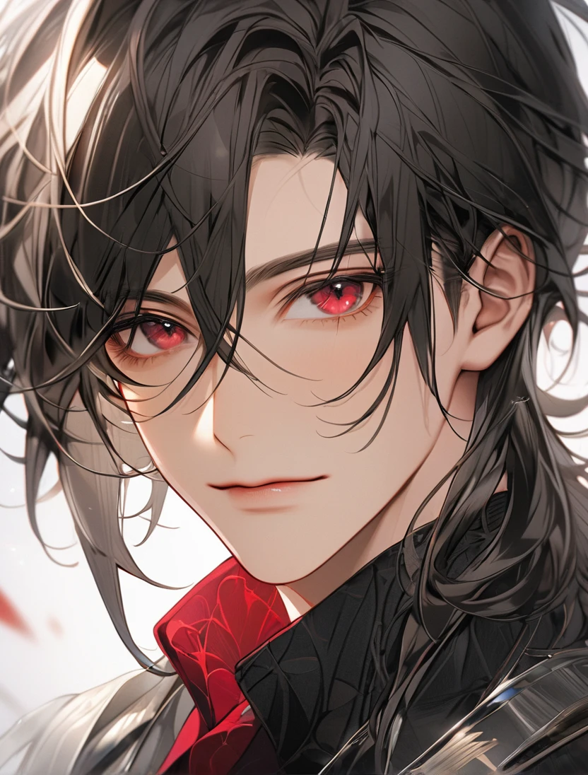 (Black_Hair), (red_ruby_eyes), (Handsome), (attractive), (male), (close_up_shot), (detailed_eyes), (detailed_hair), (clean_hair), (vertical_pupils), (jawline), (youthful_appearance)