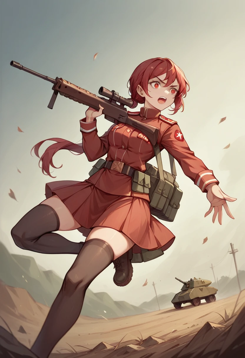 A platoon of girls wearing bright red military uniforms and long red skirts、A girl platoon leader equipped with an anti-material rifle and a handgun、A girl in a red military uniform with an assault rifle and a rocket launcher、Infantry fighting vehicle、Omaha Beach