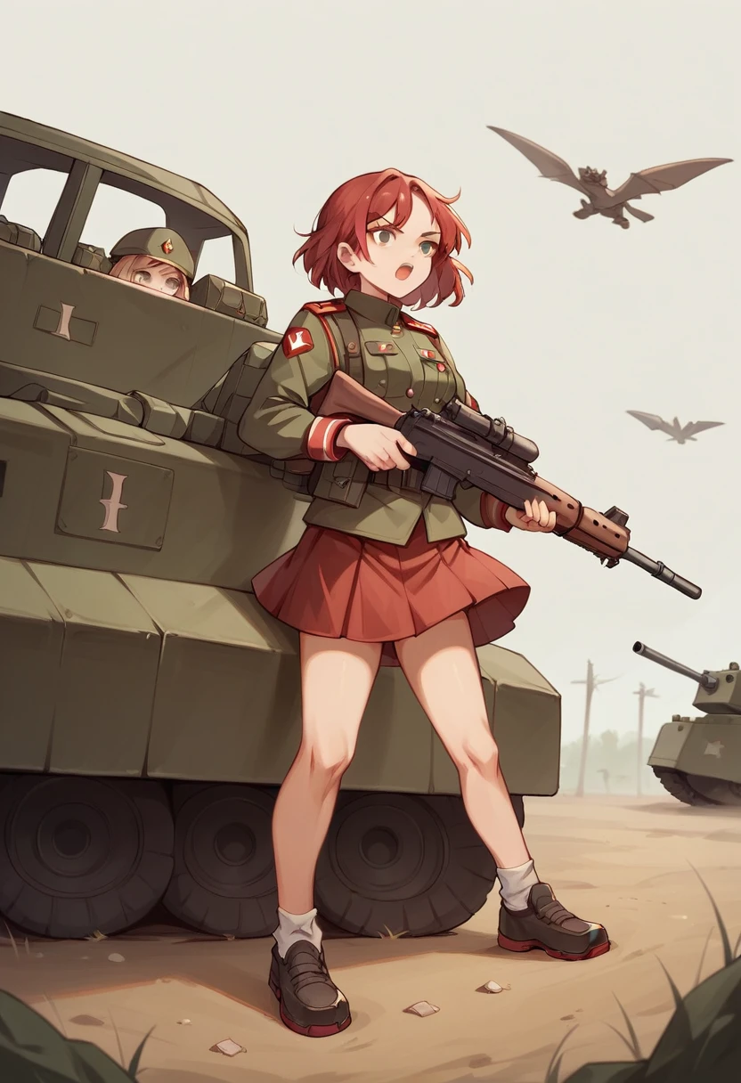 A platoon of girls wearing bright red military uniforms and long red skirts、A girl platoon leader equipped with an anti-material rifle and a handgun、A girl in a red military uniform with an assault rifle and a rocket launcher、Infantry fighting vehicle、Omaha Beach