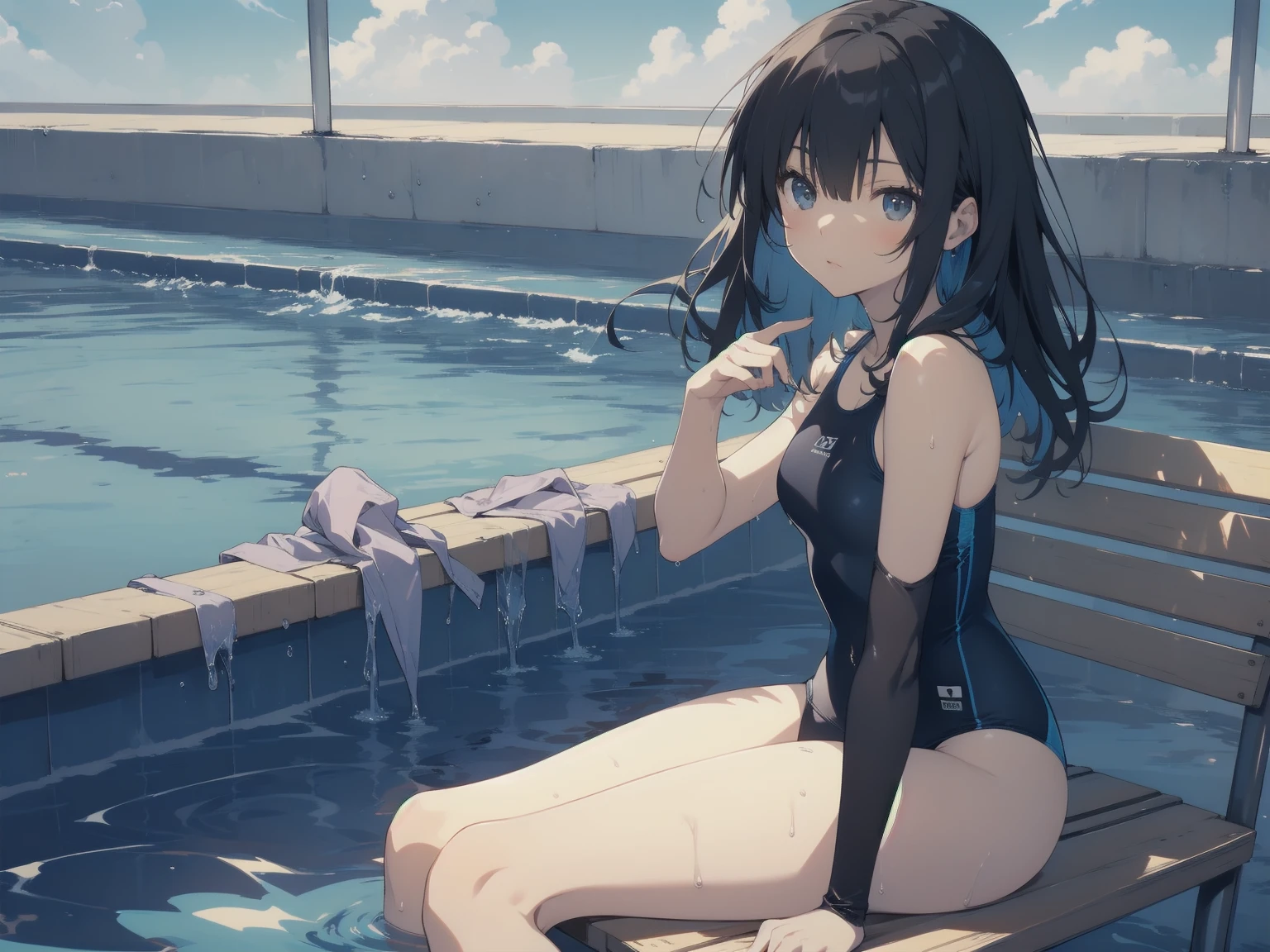 ultra-Top-quality by art God, ultra-detailed, high resolution, shinkai makoto style, anime moe artstyle, best anime 8k konachan wallpaper, pixiv contest winner, perfect anatomy, break,(Please draw a picture of a girl in a swimsuit sitting on a bench by the poolside alone.),break, a hyperrealistic school girl, parted lips, (Solo,lolita, ???, 13-year-old:1.3),Full limbs, complete fingers, androgynous charm, very long hair, wet hair, small breasts,slender body, Small butt, groin, Small black eyes,hanme,beautiful detailed eyes, well-proportioned iris and pupils, sleepily, highres detailed hair, swimsuit, wet swimsuit, bare shoulders, thighs, in the school pool. break,super detailed skin, shiny skin, Best lighting powered by famous artist, 8k, illustration,UHD, textured skin,break,((artist:toosaka_asagi )), artist:clamp ,artist:carnelian ,artist:kantoku ,