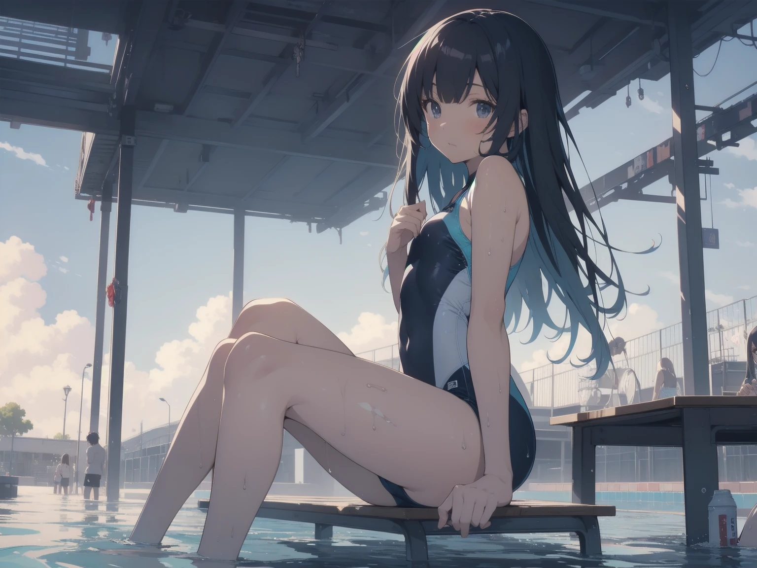 ultra-Top-quality by art God, ultra-detailed, high resolution, shinkai makoto style, anime moe artstyle, best anime 8k konachan wallpaper, pixiv contest winner, perfect anatomy, break,(Please draw a picture of a girl in a swimsuit sitting on a bench by the poolside alone.),break, a hyperrealistic school girl, parted lips, (Solo,ta, kid, 13-year-old:1.3),Full limbs, complete fingers, androgynous charm, very long hair, wet hair, small breasts,slender body, Small butt, groin, Small black eyes,hanme,beautiful detailed eyes, well-proportioned iris and pupils, sleepily, highres detailed hair, swimsuit, wet swimsuit, bare shoulders, thighs, in the school pool. break,super detailed skin, shiny skin, Best lighting powered by famous artist, 8k, illustration,UHD, textured skin,break,((artist:toosaka_asagi )), artist:clamp ,artist:carnelian ,artist:kantoku ,