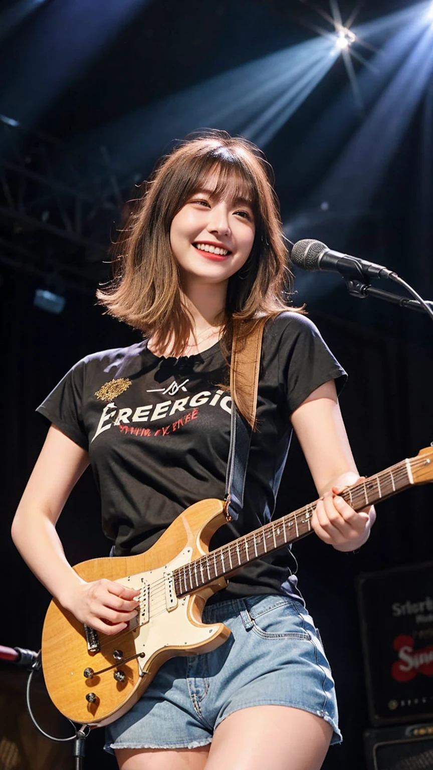 ((best quality)), photorealistic, photorealism, Photorealistic, high resolution、 black t shirt、Red checked long pants, JK Style、sheer floral t shirt、smile、A superb beauty、Super cute、ennui、Rare beauty、short hair、Black Dark Eyeshadow、Sad、white skin、pale skin, short hair straightener、Cute Smile、Fragrant beauty、Mastepiece、Best Quality、Refers to 5 books、Sweat glistening on my chest、Sweat glistening on my face、Small breasts、Blonde hair、Age 20 years old、Mysterious look、A sad expression、Blonde Hair、enchanting castle、Sweating profusely all over the body、A lot of sweat and light on the thighs、Shiny thighs、Plenty of sweat glistening on the thighs、A large amount of sweat glistens on my thighs、Sweating profusely、Gal、Medium breasts、beautiful face、Alluring expression、Thin thighs、Playing electric guitar、I have an electric guitar、Sing a song enthusiastically、Playing guitar in a band、Playing guitar chords、Live House Background、Sing a song、Open your mouth、Live house scenery、Glamorous live stage、Dynamic Angle、cinematic lighting