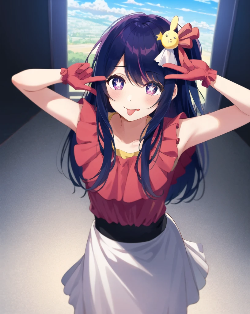 1girl, full body, cowboy shot,
(Rembrandt), illustration, (masterpiece), (best quality), (ultra_detailed), finely detail, (Depth of field),
HshinoAi,gloves, tongue out, tongue, long hair, star \(symbol\), looking at viewer, (purple hair:1.2), purple eyes, upper body, hair ornament, :p, frills, pink shirt, smile, sleeveless, shirt, idol, symbol-shaped pupils, hands up, bangs, one side up, star-shaped pupils, arms up,
dress pull,
Roaring Twenties, isometric, from above, sky, flower, cliff,