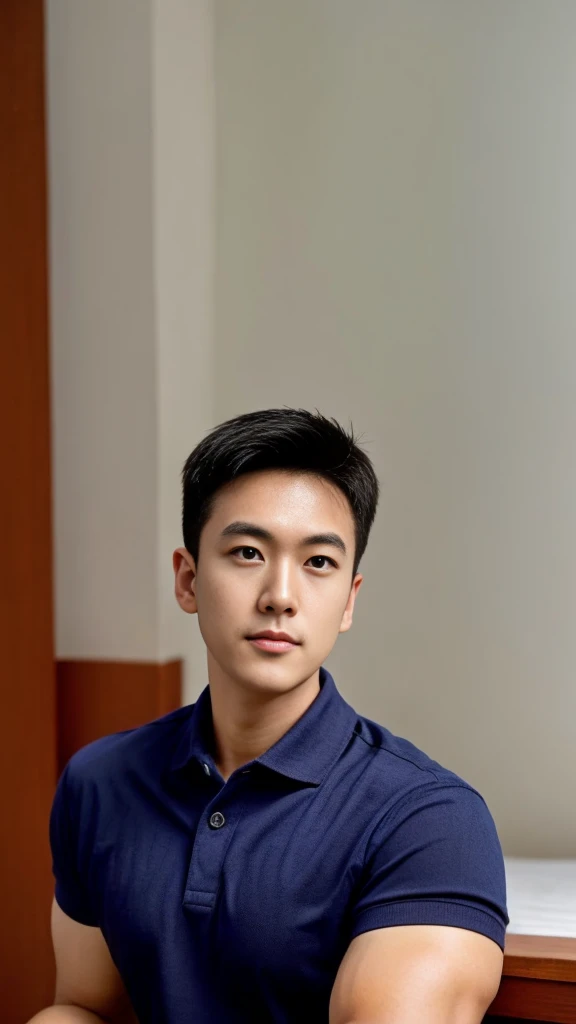A male police officer in his 20s poses for a group photo., Wear a navy blue polo shirt., high resolution, Masterpiece, best quality, head:1.3,, Smooth and fine skin, clear focus, (movie light), during the night, gentle light, Dynamic angle, (detailed face:1.2), (((exercise))), sport, His arm muscles were very big., hand in , in his bedroom ,natural and delicate,