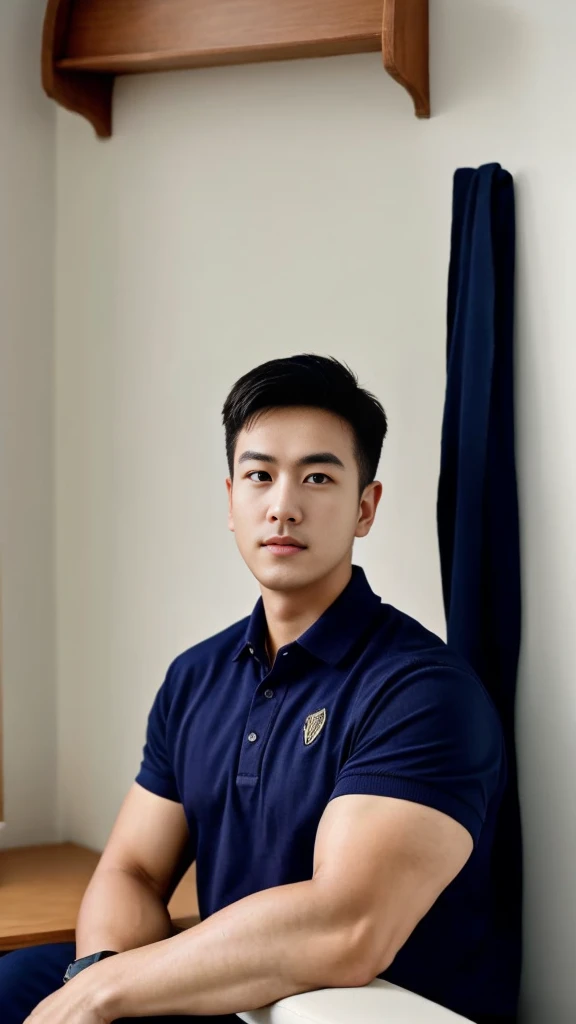 A male police officer in his 20s poses for a group photo., Wear a navy blue polo shirt., high resolution, Masterpiece, best quality, head:1.3,, Smooth and fine skin, clear focus, (movie light), during the night, gentle light, Dynamic angle, (detailed face:1.2), (((exercise))), sport, His arm muscles were very big., hand in crotch, in his bedroom ,natural and delicate,
