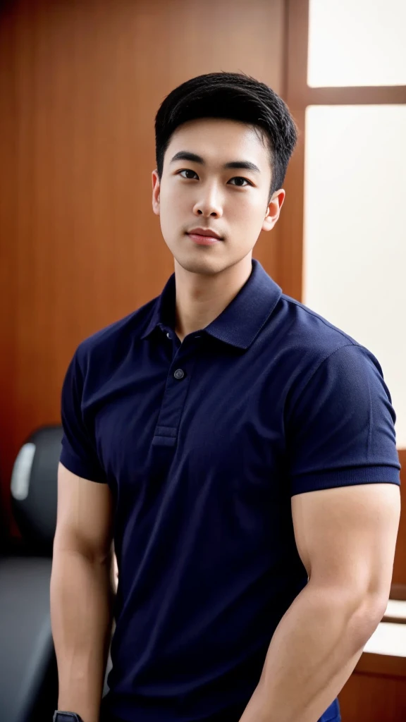 A male police officer in his 20s poses for a group photo., Wear a navy blue polo shirt., high resolution, Masterpiece, best quality, head:1.3,, Smooth and fine skin, clear focus, (movie light), during the night, gentle light, Dynamic angle, (detailed face:1.2), (((exercise))), sport, His arm muscles were very big., hand in crotch, in his bedroom ,natural and delicate,
