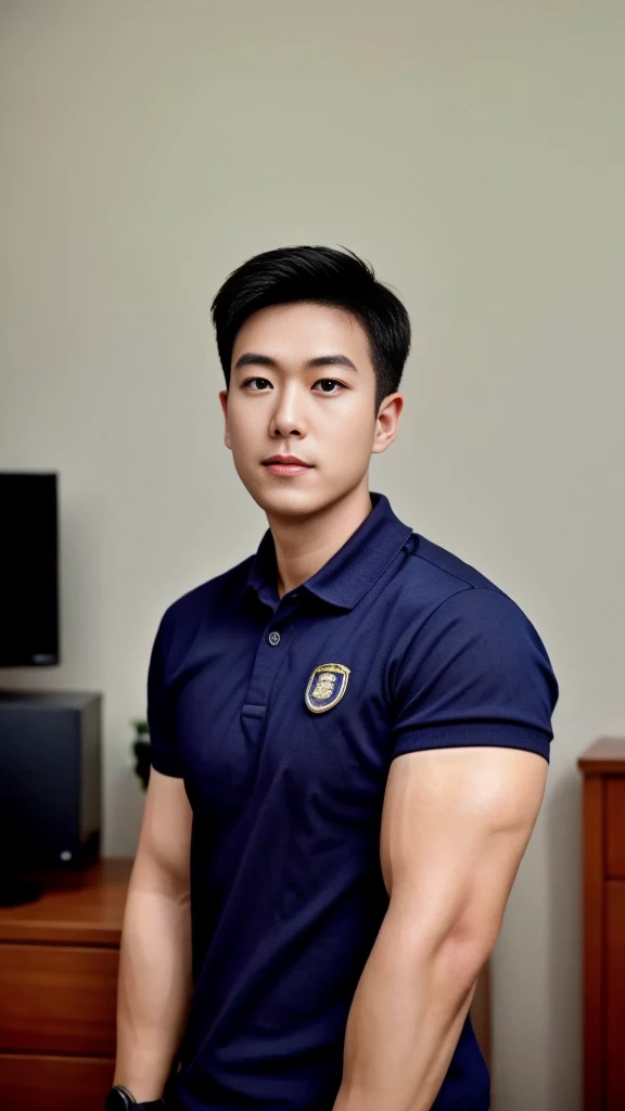 A male police officer in his 20s poses for a group photo., Wear a navy blue polo shirt., high resolution, Masterpiece, best quality, head:1.3,, Smooth and fine skin, clear focus, (movie light), during the night, gentle light, Dynamic angle, (detailed face:1.2), (((exercise))), sport, His arm muscles were very big., hand in crotch, in his bedroom ,natural and delicate,
