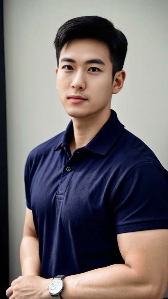 A male police officer in his 20s poses for a group photo., Wear a navy blue polo shirt., high resolution, Masterpiece, best quality, head:1.3,, Smooth and fine skin, clear focus, (movie light), during the night, gentle light, Dynamic angle, (detailed face:1.2), (((exercise))), sport, His arm muscles were very big., hand in crotch, in his bedroom ,natural and delicate,