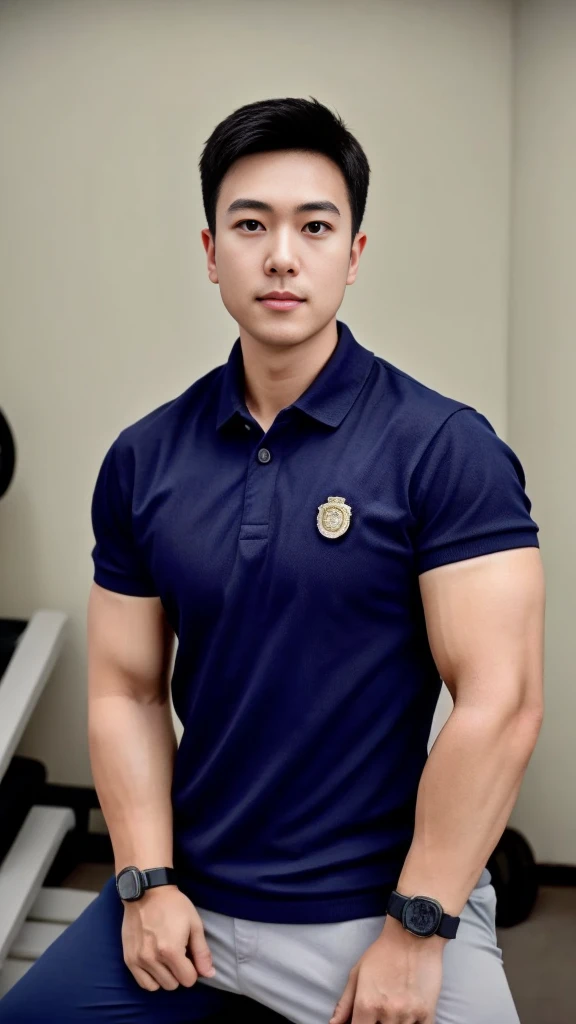 A male police officer in his 20s poses for a group photo., Wear a navy blue polo shirt., high resolution, Masterpiece, best quality, head:1.3,, Smooth and fine skin, clear focus, (movie light), during the night, gentle light, Dynamic angle, (detailed face:1.2), (((exercise))), sport, His arm muscles were very big., hand in crotch, in his bedroom ,natural and delicate,