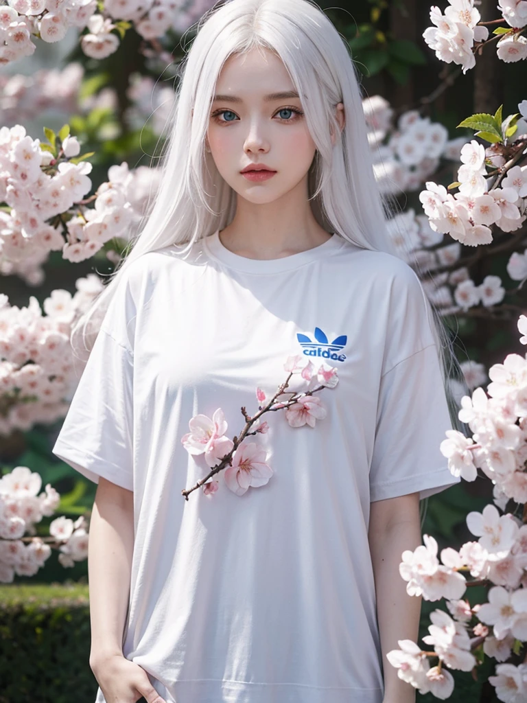 Long white hair, blue eyes, white skin, cherry blossom , adidas t-shirt