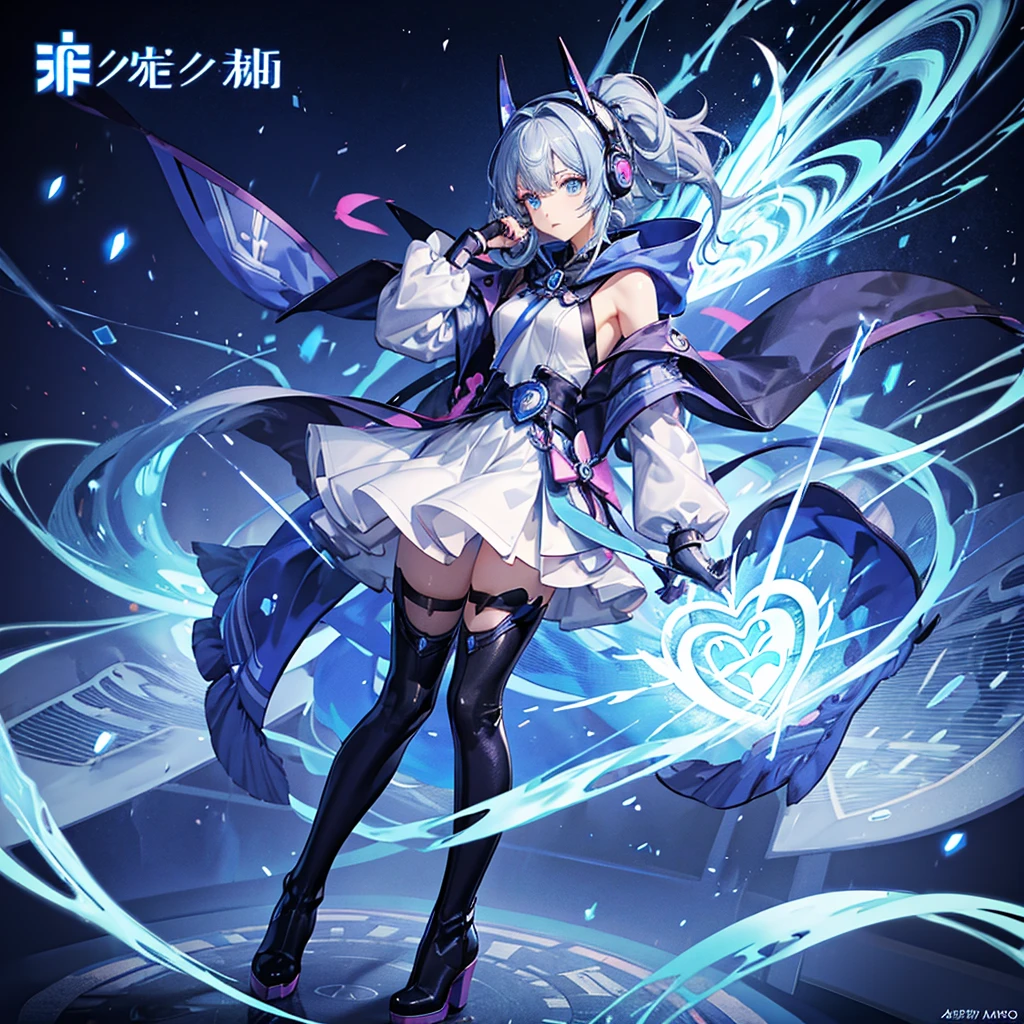 masutepiece、top-quality、Anime Magical Girl、Eyes are blue:75CBCD、Hair is gray、Inner Hair Gradient Blue、cyberpunked、Cute heart-shaped magic wand、cloak with hood、Headset glowing in fluorescent blue、Cyberpunk even though it's an idol's clothes、Long boots in white、Pouch at waist、Simple backgrounds、CharacterDesignSheet、full body Esbian、Draw from head to toe、