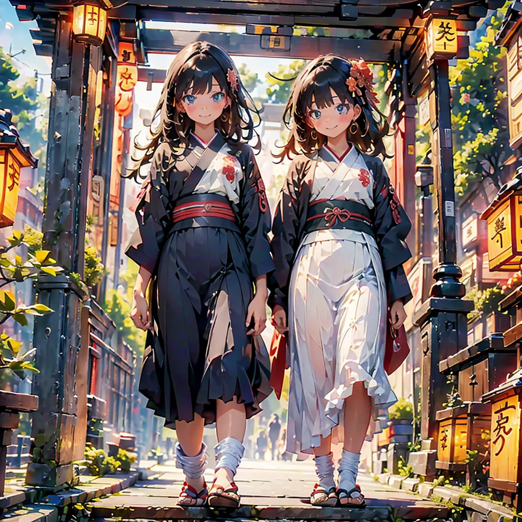 (masterpiece), (high resolution 8K), professional illustration, 1 girl, late teenage, standing, thigh focus, dutch angle, japanese clothes, kimono, hair ornament, long hair, smile, looking up, shrine, temple, torii, beautiful starry sky, natural lighting, high contrast, stunning face, symmetrical clear eyes, detailed eyes and face, detailed skin