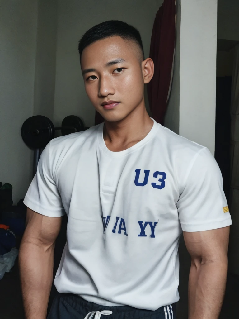 独奏: 1.5, (As a matter of fact, Masterpiece, 8k HD, good light quality, sportswear, fit the face, complicated details), A handsome, muscular young Korean man. , 20 years old, be happy, smile brightly, detailed face, delicate eyes, มองดูsky, Wear a navy tight T-shirt.:1.6, period, black eyes, Black hair color, ผมsmooth, smooth, outdoor sports, Along the garden, Sunny,sky，Surreal，Awesome details，Highest quality，real，Open your mouth to talk. , Close your eyes.