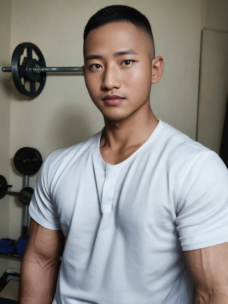 masterpiece, best quality, high resolution, realistic, handsome, photogenic, syahnk, SFW, a photo of a 35 year old  frat (man:1.2) portrait, , military press, weights, stunning , short buzzcut hair,stubble head , (hypermuscle),looking at the viewer, flirting with the camera, charming, (tight white shirt ),(GS-Masculine:1), 8K UHD , ยืนในห้องอาหาร