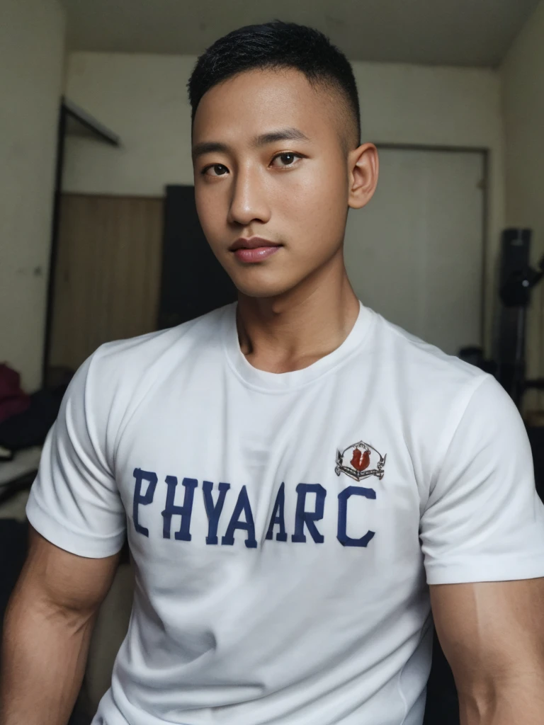 独奏: 1.5, (As a matter of fact, Masterpiece, 8k HD, good light quality, sportswear, fit the face, complicated details), A handsome, muscular young Korean man. , 20 years old, be happy, smile brightly, detailed face, delicate eyes, มองดูsky, Wear a navy tight T-shirt.:1.6, period, black eyes, Black hair color, ผมsmooth, smooth, outdoor sports, Along the garden, Sunny,sky，Surreal，Awesome details，Highest quality，real，Open your mouth to talk. , Close your eyes.