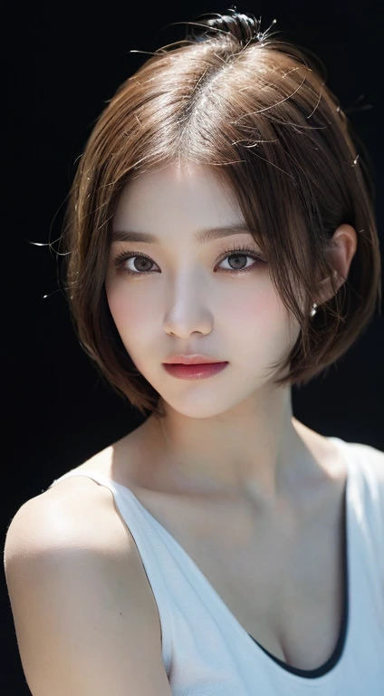 ((Warped hips:1.4)), Mix 4, (8K, RAW Photos, Highest quality, masterpiece: 1.45), (Realistic, Photorealistic: 1.37), One Girl, cute, Laughter, Professional Lighting, Plain,Photon Mapping, Radio City, Physically Based Rendering, Gradient Blonde Hair, Brown Hair, Very short hair,Gal,good looking, With a girl,Tank top,Highest qualityの写真, High resolution, 1080P, (Beautiful face), (Detailed facial depiction), (Detailed explanation of hand masterpiece), Vibrant, Extreme light and shadow, Bob Cut Hair, masterpiece, Rich details, (Detailed facial features), (Highest qualityの写真), (masterpiece), (Finely tuned), dual、Look in front of you, Thin clavicle,Simple white background