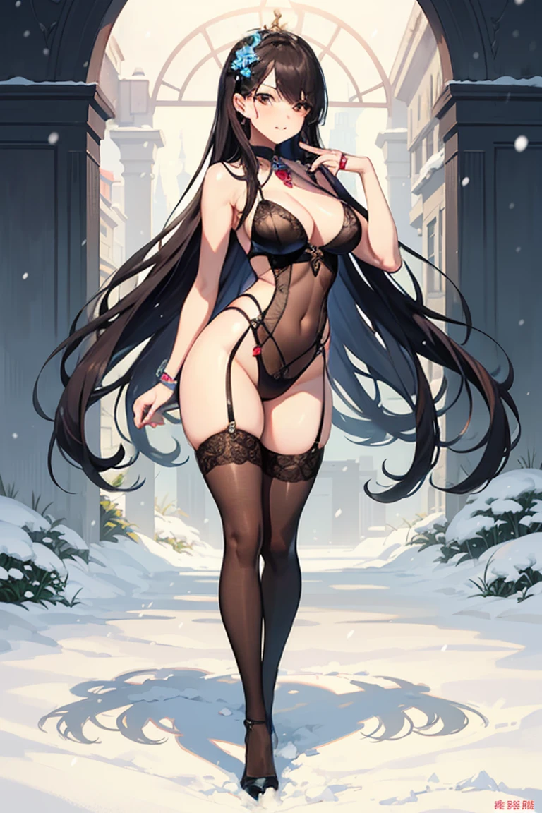 Big breasted girl in exotic minase, Shiny long black hair,Beautiful cleavage, ,Shapely large breasts , Beautiful breasts, Shy smile, Snow-like skin.Pink Rouge,,,(((breast enhancement))),(((Lace pattern knee stockings))).(((Long, slender limbs))).Slim body,Small Ass,
