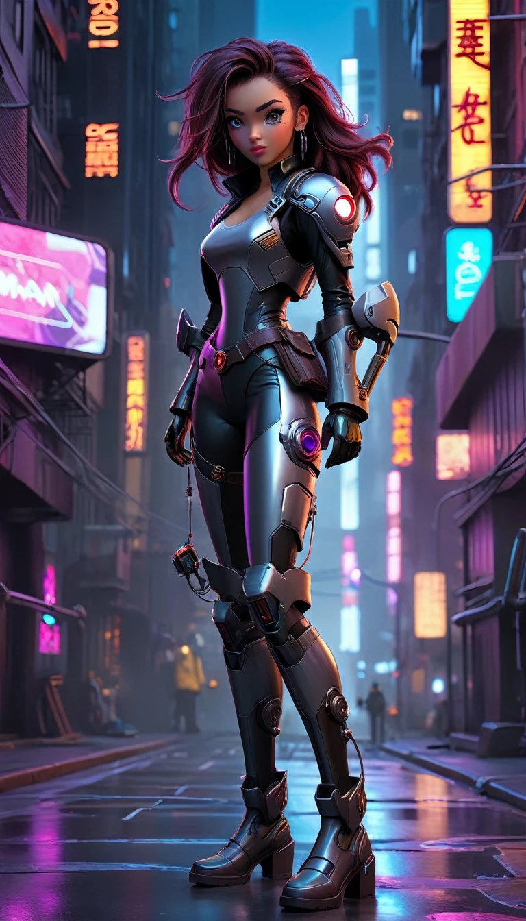 "Create a realistic, highly detailed 8K image of a 20-year-old female space pirate inspired by Iron Man, wearing a shiny, futuristic mech. She is in a cyberpunk-style urban night scene, walking down a street with tall buildings and neon lights. The atmosphere is futuristic and full of adventure, with science fiction elements."