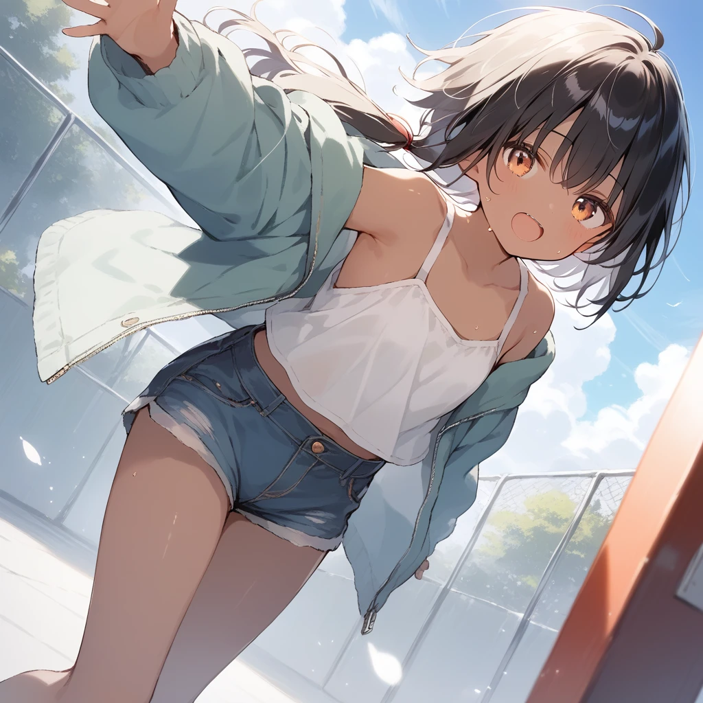 score_9, score_8_up, score_7_up, source_anime, best quality, masterpiece, official art, absurdres, highres, ultra-detailed,waifu2x,Collection: Slice of Life,break,1girl, tomboy, dark-skinned female, short hair, low ponytail, flat chest, beautiful detailed eyes, short shorts, sweat, open mouth, (yawn:0.3), sleepily, outdoors, wind, break,(clear line illustration:1.2),very high resolution, very aesthetic, super detailed skin, Best sexual lighting powered by famous artist, 8k,cute picture,beauty illustration,photoshop_(medium),,(Detailed Lighting),best anime 8k konachan wallpaper, pixiv contest winner, 