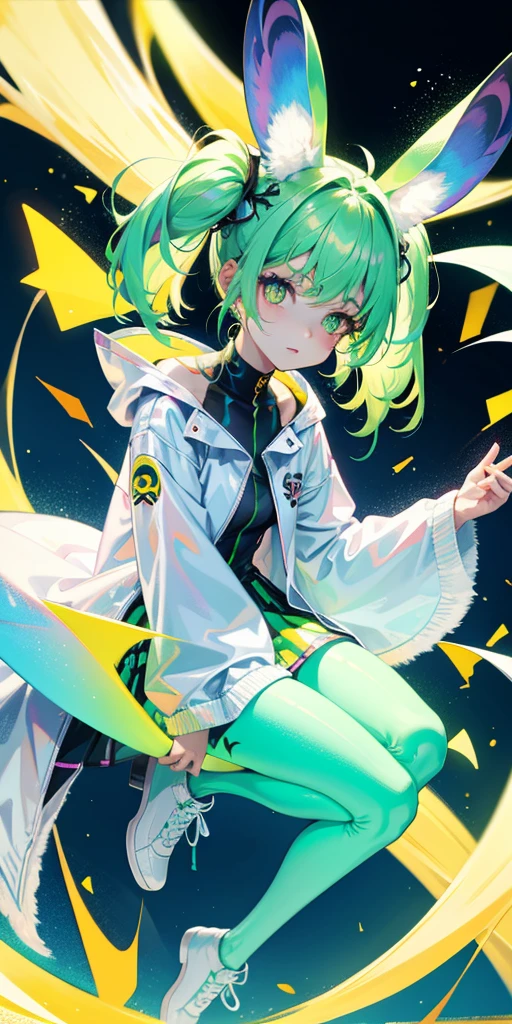 Rabbit technique , Science Fiction, Fluffy ,
1 girl, Tattoo, Glowing tattoo, Glowing eyes, Colorful glowing hair , Full body love, Green Hair,
Kawaiitech, Soft colors, Kawaii, Lovely colors,