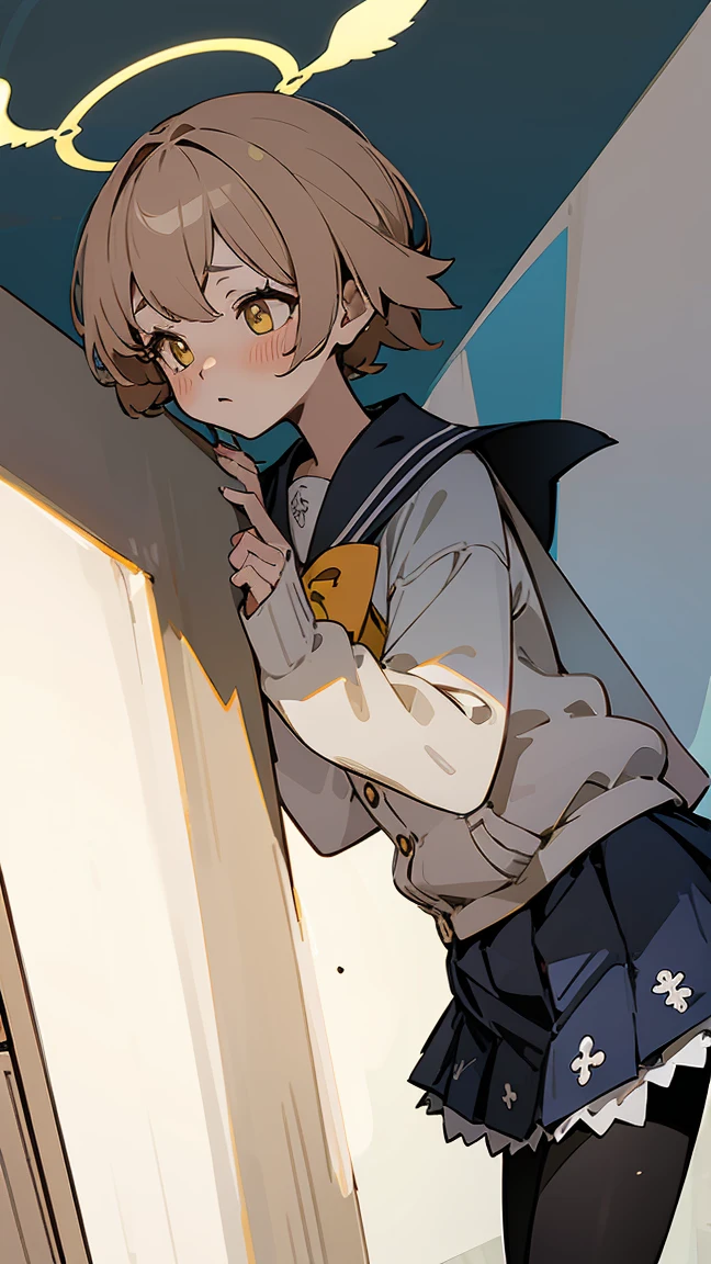 ((masterpiece,best quality)), (illustration), solo, hifumi (blue archive), halo, black pantyhose,light brown short hair, school uniform, yellow eyes, sailor collar, pleated blue skirt, white cardigan, long sleeves, blush, frilled skirt