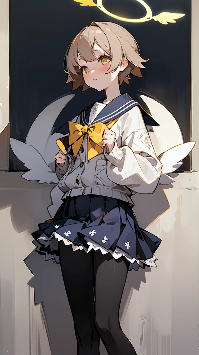 ((masterpiece,best quality)), (illustration), solo, hifumi (blue archive), halo, black pantyhose,light brown short hair, school uniform, yellow eyes, sailor collar, pleated blue skirt, white cardigan, long sleeves, blush, frilled skirt