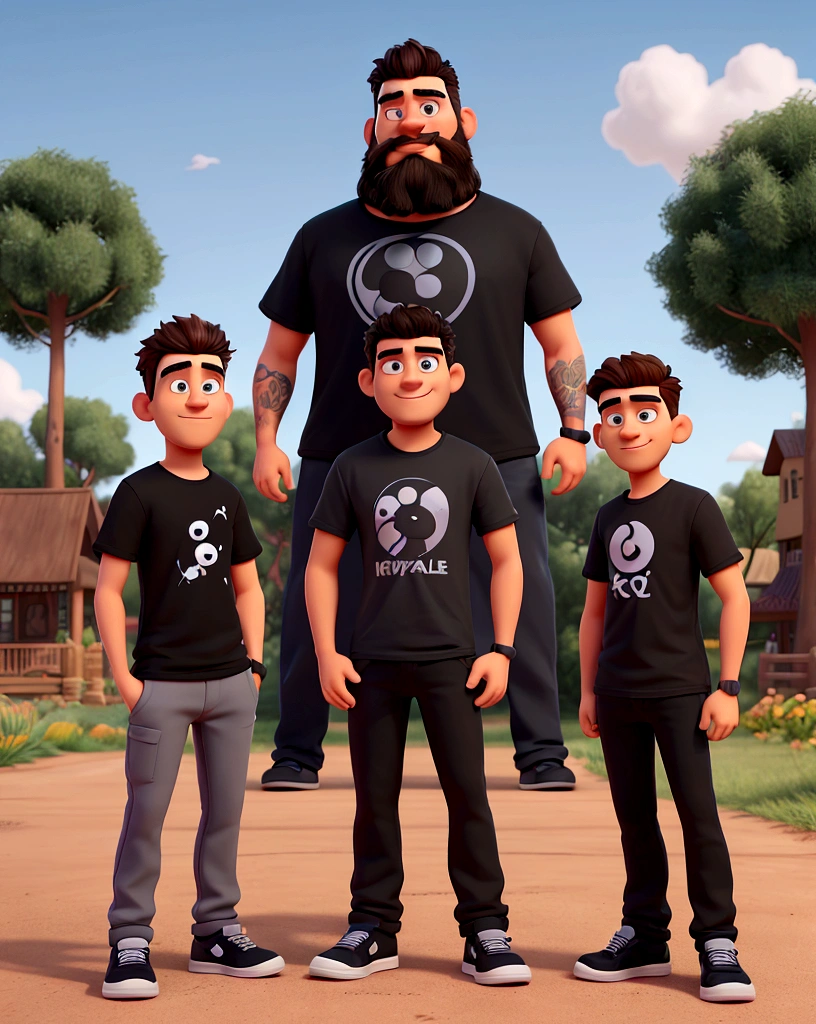 Create a Disney Pixar-style 3D model of three men of varying ages (approximately 25, 30 and 28 years old) with specific hair and beard characteristics. They must have their arms crossed and display confident smiles. The first character must wear a black t-shirt with logo, black pants and dark sneakers. The second must have short, curly hair, with full beard, wearing a black logo t-shirt, gray pants and black shoes. The third must have short hair combed back, wearing a black logo t-shirt, blue jeans and dark sneakers. The background should represent an outdoor area with trees and cars, stylized in the typical Pixar colorful and vibrant look.