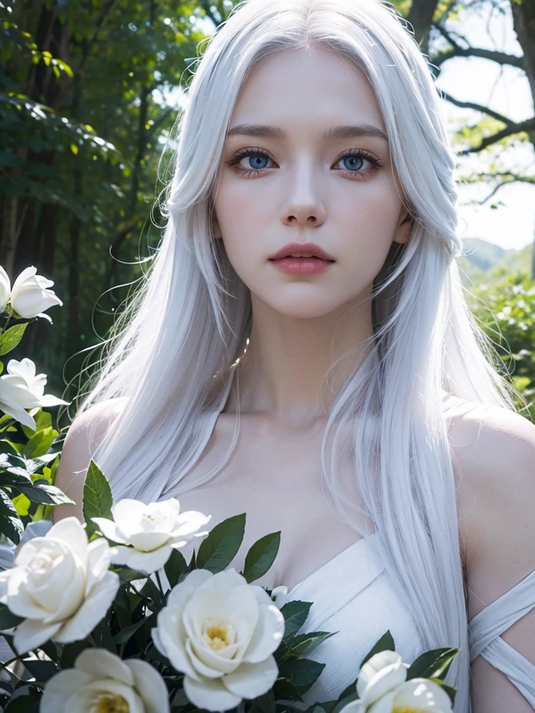 Long white hair, blue eyes, serious features, white skin, loose style, in a garden, with flowers , in the forest , killer frost the flash 