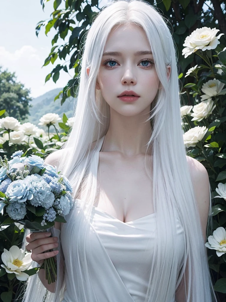 Long white hair, blue eyes, serious features, white skin, loose style, in a garden, with flowers , in the forest , killer frost the flash 