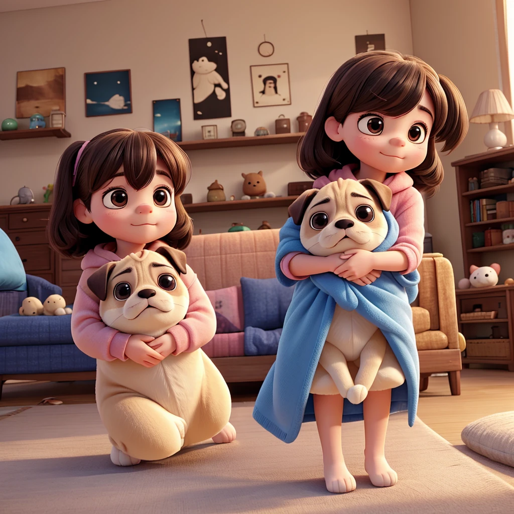 Nap with stuffed toy: Pug hugging his favorite stuffed animal、A scene of her taking a nap on the sofa in the living room。With a relieved expression、She looks so adorable wrapped up in a soft blanket.。