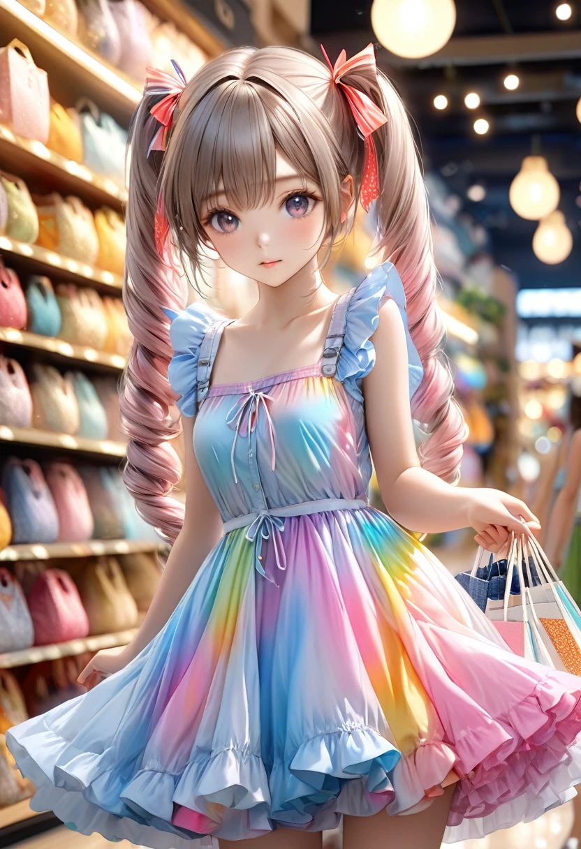 a cute angelic girl, [soft fluffy braided hair], ribbons, (((twin tails))), summer-like, [bright colored tiered dress], [subtle skin exposure], shopping, (best quality,4k,8k,highres,masterpiece:1.2),ultra-detailed,(realistic,photorealistic,photo-realistic:1.37),HDR,UHD,studio lighting,ultra-fine painting,sharp focus,physically-based rendering,extreme detail description,professional,vivid colors,bokeh,portraits,